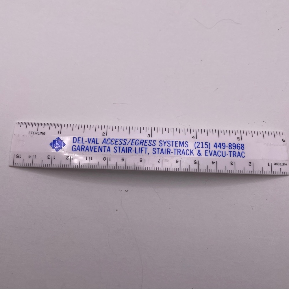 Vintage Sterling 6" White & Blue Plastic Ruler USA Del-Val Access Stair-Lift.